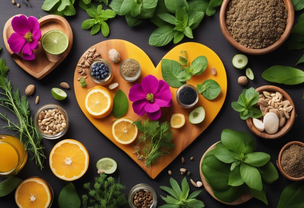 Natural ingredients surrounding a heart symbol to represent how to improve heart health naturally