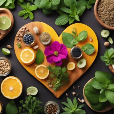 Natural ingredients surrounding a heart symbol to represent how to improve heart health naturally