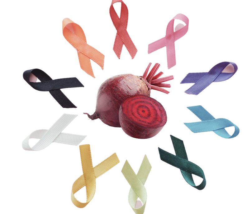beetroot surrounded by cancer ribbons to symbolize their connection