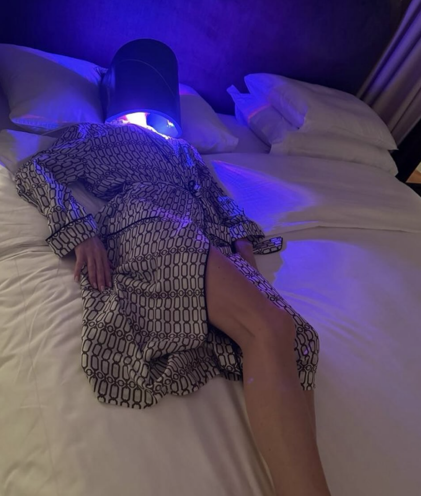 The 49-year-old took to Instagram on Sunday, posting a photo of herself wearing a fashionable robe with a geometric design. The snapshot shows fashion tycoon VB lounging on a newly made bed, her never-ending legs on full view.
