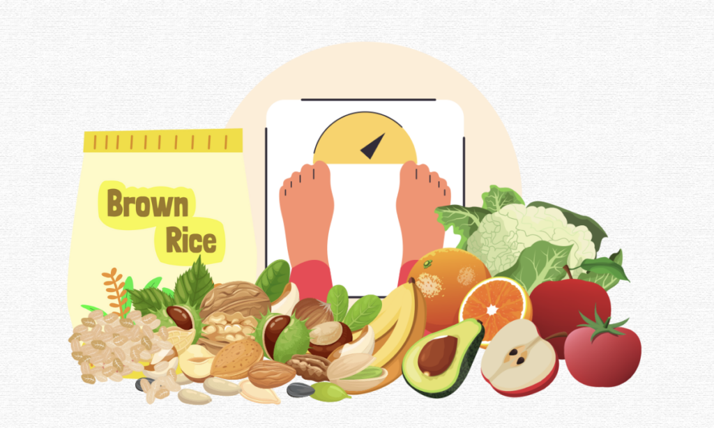 brown rice, nuts, fruits, vegetables, and oats -- Affordable Healthy Foods to Help You Gain Weight