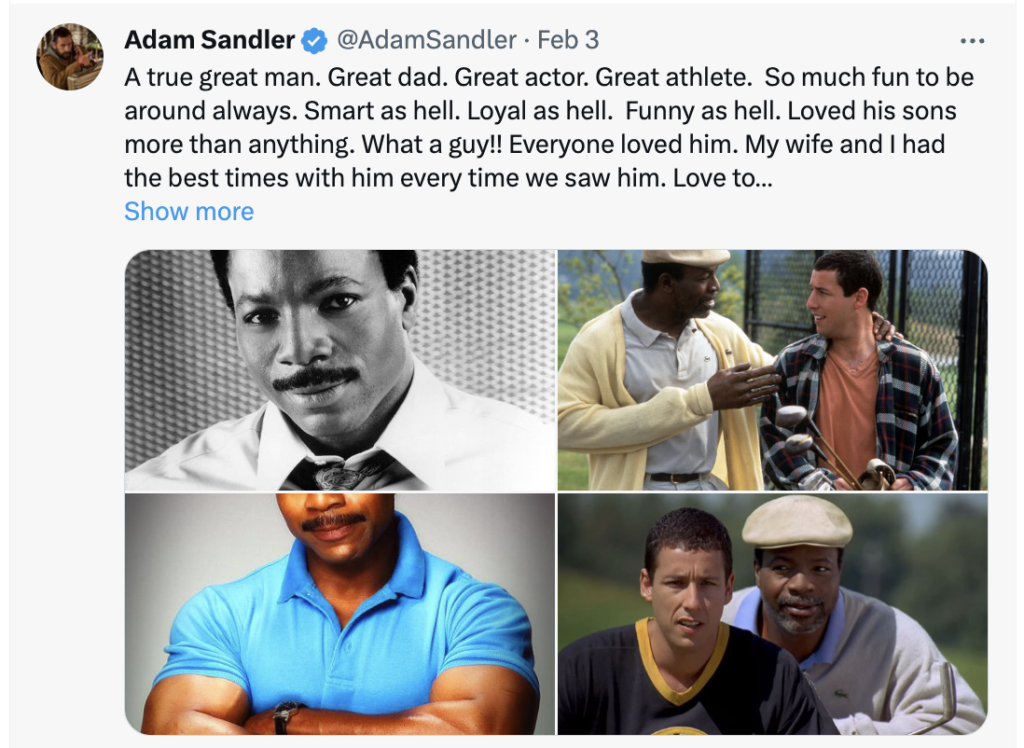 Adam Sandler's tribute to Carl Weathers on X