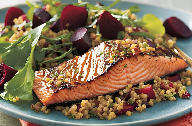 Mediterranean Honey-Glazed Salmon with Beet and Freekeh Salad