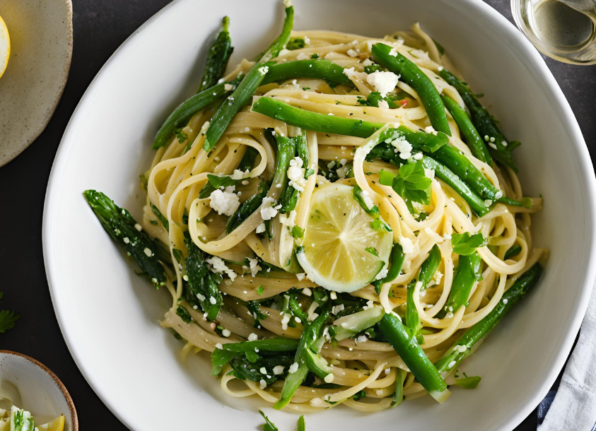 Mediterranean Lemony Linguine with Spring Vegetables